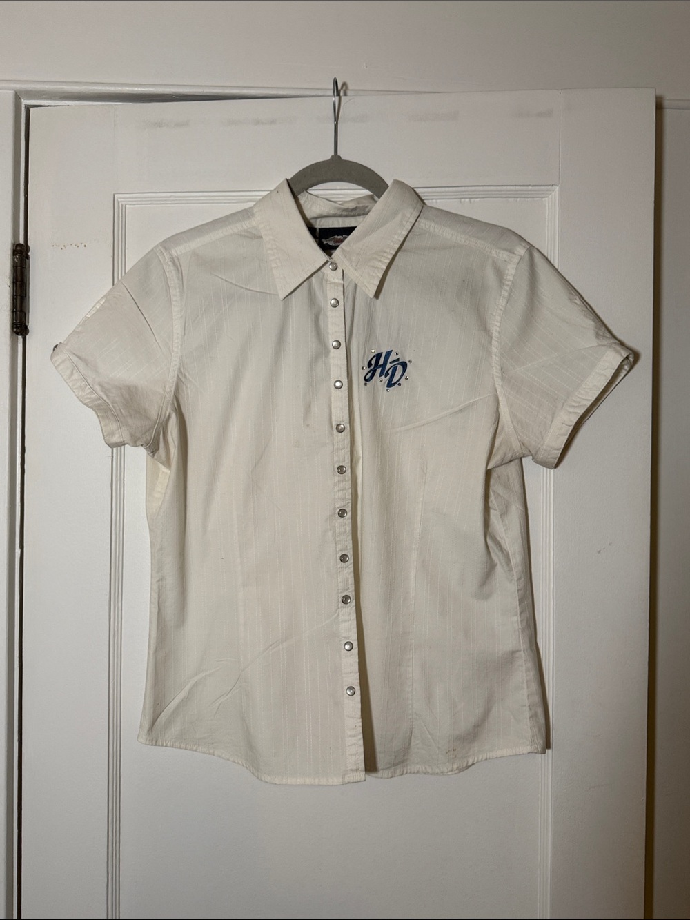 Harley-Davidson Cream Short Sleeve Button-Up with Blue HD Emblem